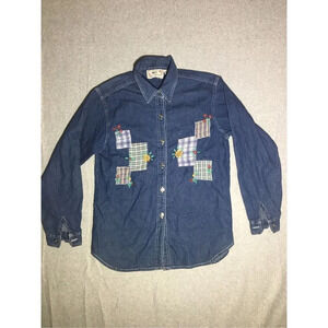 Womens HCC New York Button Up Size Large Cotton Floral Granny Square Patches